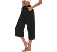 ASKSA Womens 3/4 Capri Pants Wide Leg Crop Trousers Jogging Yoga Loose Comfy Lounge Drawstring Sweatpants with Pockets(Black,M)