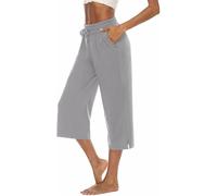 ASKSA Womens 3/4 Capri Pants Wide Leg Crop Trousers Jogging Yoga Loose Comfy Lounge Drawstring Sweatpants with Pockets(Gray,S)