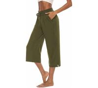 ASKSA Womens 3/4 Capri Pants Wide Leg Crop Trousers Jogging Yoga Loose Comfy Lounge Drawstring Sweatpants with Pockets(Green,M)