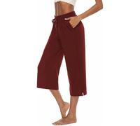 ASKSA Womens 3/4 Capri Pants Wide Leg Crop Trousers Jogging Yoga Loose Comfy Lounge Drawstring Sweatpants with Pockets(Wine Red,L)