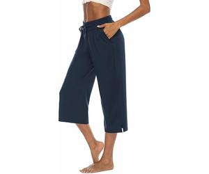ASKSA Womens 3/4 Capri Pants Wide Leg Crop Trousers Jogging Yoga Loose Comfy Lounge Drawstring Sweatpants with Pockets