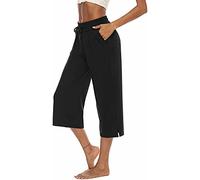 ASKSA Womens 3/4 Capri Pants Wide Leg Crop Trousers Loose Comfy Drawstring Lounge Jogging Yoga Sweat Pants Capris with Pockets(Black,L)
