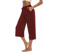 ASKSA Womens 3/4 Capri Pants Wide Leg Crop Trousers Loose Comfy Drawstring Lounge Jogging Yoga Sweat Pants Capris with Pockets(Wine Red,L)