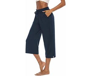 ASKSA Womens 3/4 Capri Pants Wide Leg Crop Trousers Loose Comfy Drawstring Lounge Jogging Yoga Sweat Pants Capris with Pockets(Navy Blue,S)