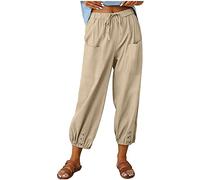 ASKSA Womens 7/8 Length Trousers Wide Leg Pants Casual Lightweight Summer Loose Linen with Pockets
