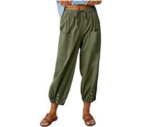 ASKSA Womens 7/8 Length Trousers Wide Leg Pants Casual Lightweight Summer Loose Linen with Pockets