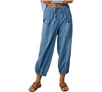 ASKSA Womens 7/8 Length Trousers Wide Leg Pants Casual Lightweight Summer Loose Linen with Pockets