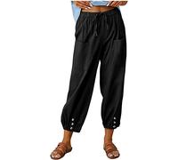 ASKSA Womens 7/8 Length Trousers Wide Leg Pants Casual Lightweight Summer Loose Linen with Pockets (Black,3XL)