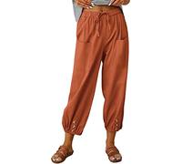 ASKSA Womens 7/8 Length Trousers Wide Leg Pants Casual Lightweight Summer Loose Linen with Pockets (Brick Red,M)