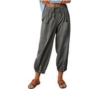 ASKSA Womens 7/8 Length Trousers Wide Leg Pants Casual Lightweight Summer Loose Linen with Pockets (Dunkelgrau,3XL)