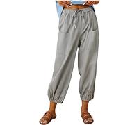 ASKSA Womens 7/8 Length Trousers Wide Leg Pants Casual Lightweight Summer Loose Linen with Pockets (Light Grey,L)