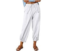 ASKSA Womens 7/8 Length Trousers Wide Leg Pants Casual Lightweight Summer Loose Linen with Pockets (Weiss,L)