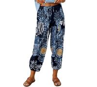 ASKSA Womens 7/8 Printing Linen Trousers Wide Pants Summer Casual Lightweight Loose with Pockets（Dark Blue,L）