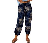 ASKSA Womens 7/8 Printing Linen Trousers Wide Pants Summer Casual Lightweight Loose with Pockets(Navy Blue,XL)