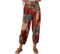 ASKSA Womens 7/8 Printing Linen Trousers Wide Pants Summer Casual Lightweight Loose with Pockets(Red,XXL)