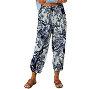 ASKSA Womens 7/8 Printing Linen Trousers Wide Pants Summer Casual Lightweight Loose with Pockets（White,S）