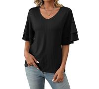 ASKSA Womens Casual V Neck Tops Trendy Short Sleeve T Shirts Ruffle Sleeve Ruffle Blouses Solid Color Summer Tops (Black,XL)