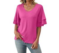 ASKSA Womens Casual V Neck Tops Trendy Short Sleeve T Shirts Ruffle Sleeve Ruffle Blouses Solid Color Summer Tops (Rose Red,L)