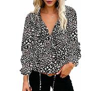 ASKSA Womens Chiffon Blouses Bohemia Floral Print V Neck Tops Long Sleeve Elegant Boho Shirt T-Shirts Drawstring Loose Tunic Shirts(Black,XXL)