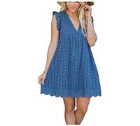 ASKSA Women's Elegant Ruffles Dresses Built-in Shorts Summer V-Neck Casual Mini Romper Dress with Pockets