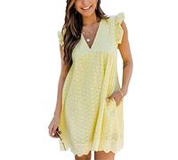 ASKSA Women's Elegant Ruffles Dresses Built-in Shorts Summer V-Neck Casual Mini Romper Dress with Pockets