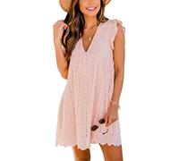 ASKSA Women's Elegant Ruffles Dresses Built-in Shorts Summer V-Neck Casual Mini Romper Dress with Pockets