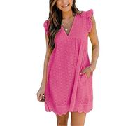 ASKSA Women's Elegant Ruffles Dresses Built-in Shorts Summer V-Neck Casual Mini Romper Dress with Pockets (Pink,S)