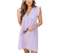 ASKSA Women's Elegant Ruffles Dresses Built-in Shorts Summer V-Neck Casual Mini Romper Dress with Pockets (Violet,XL)