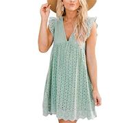 ASKSA Women's Elegant Ruffles Dresses Built-in Shorts Summer V-Neck Casual Mini Romper Dress with Pockets (Green,L)