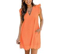 ASKSA Women's Elegant Ruffles Dresses Built-in Shorts Summer V-Neck Casual Mini Romper Dress with Pockets (Orange,S)
