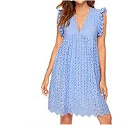 ASKSA Women's Elegant Ruffles Dresses Built-in Shorts Summer V-Neck Casual Mini Romper Dress with Pockets (Light Blue,XL)