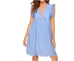 ASKSA Women's Elegant Ruffles Dresses Built-in Shorts Summer V-Neck Casual Mini Romper Dress with Pockets (Light Blue,L)