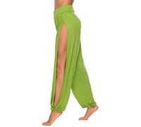 ASKSA Womens High Slit Harem Pants High Waist Loose Hippie Split Yoga Pilates Pants Stretch Sports Trousers (Green,XL)