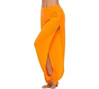 ASKSA Womens High Slit Harem Pants High Waist Loose Hippie Split Yoga Pilates Pants Stretch Sports Trousers (Orange,S)