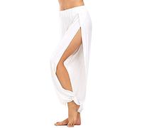 ASKSA Womens High Slit Harem Pants High Waist Loose Hippie Split Yoga Pilates Pants Stretch Sports Trousers (White,S)