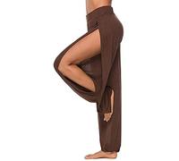 ASKSA Womens High Slit Harem Pants High Waist Loose Hippie Split Yoga Pilates Pants Stretch Sports Trousers (Coffee,L)