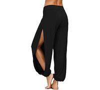 ASKSA Womens High Slit Harem Pants High Waist Loose Hippie Split Yoga Pilates Pants Stretch Sports Trousers (Black,M)