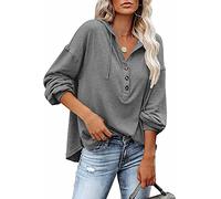 ASKSA Womens Long Sleeve Hoodies Deep V Neck Henley Shirts Button Down Drawstring Sweatshirt Tunic Hooded Pullover Tops(Gray,M)