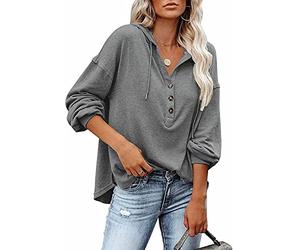 ASKSA Womens Long Sleeve Hoodies Deep V Neck Henley Shirts Button Down Drawstring Sweatshirt Tunic Hooded Pullover Tops(Gray,M)