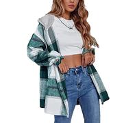 ASKSA Women's Plaid Hooded Warm Shirt Jacket Blouse Flannel Lumberjack with Hoodie Long Sleeve Button Oversize Boyfriend Shacket Coat(Green,S)