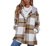 ASKSA Women's Plaid Hooded Warm Shirt Jacket Blouse Flannel Lumberjack with Hoodie Long Sleeve Button Oversize Boyfriend Shacket Coat(Khaki,M)