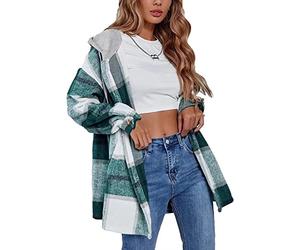 ASKSA Women's Plaid Hooded Warm Shirt Jacket Blouse Flannel Lumberjack with Hoodie Long Sleeve Button Oversize Boyfriend Shacket Coat(Green,M)