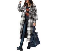 ASKSA Womens Plaid Long Shirt Jacket Lapel Button Long Sleeve Oversize Lumberjack Boyfriend Shacket Warm Cardigan Trench Coat(Gray,XXL)