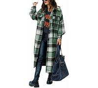 ASKSA Womens Plaid Long Shirt Jacket Lapel Button Long Sleeve Oversize Lumberjack Boyfriend Shacket Warm Cardigan Trench Coat(Green,S)