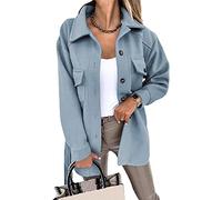 ASKSA Womens Single Breasted Shacket Jacket Mid Length Trench Pea Coat Long Sleeve Cardigan Outwear with Belt(Blue,XXL)