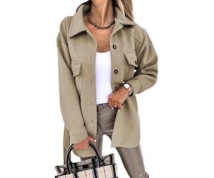 ASKSA Womens Single Breasted Shacket Jacket Mid Length Trench Pea Coat Long Sleeve Cardigan Outwear with Belt(Khaki,XL)