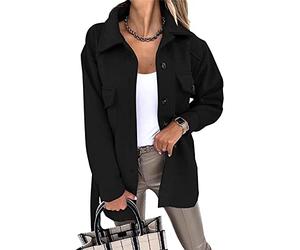 ASKSA Womens Single Breasted Shacket Jacket Mid Length Trench Pea Coat Long Sleeve Cardigan Outwear with Belt(Black,XL)