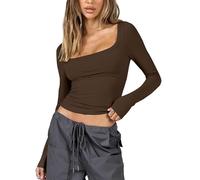 ASKSA Women's Slim Fit Crop Tops Casual Solid Color Long Sleeve Square Neck Skinny Y2K T-Shirt Sexy Ribbed Knit Shirt (Coffee,S)