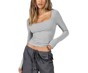 ASKSA Women's Slim Fit Crop Tops Casual Solid Color Long Sleeve Square Neck Skinny Y2K T-Shirt Sexy Ribbed Knit Shirt (Grey,L)