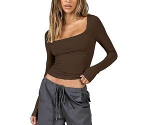 ASKSA Women's Slim Fit Crop Tops Casual Solid Color Long Sleeve Square Neck Skinny Y2K T-Shirt Sexy Ribbed Knit Shirt (Coffee,S)